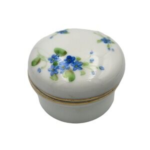 Vintage Nippon Porcelain Lidded Trinket Jewelry Box Hand-painted Blue Flowers